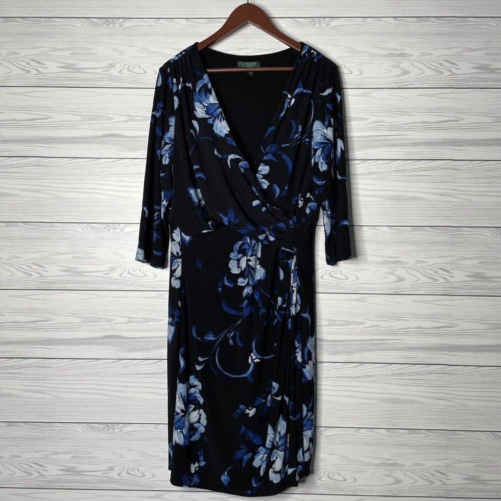 Lauren Ralph Lauren Floral Print Slinky Knit Faux Wrap Knee Length Dress SZ 18W
